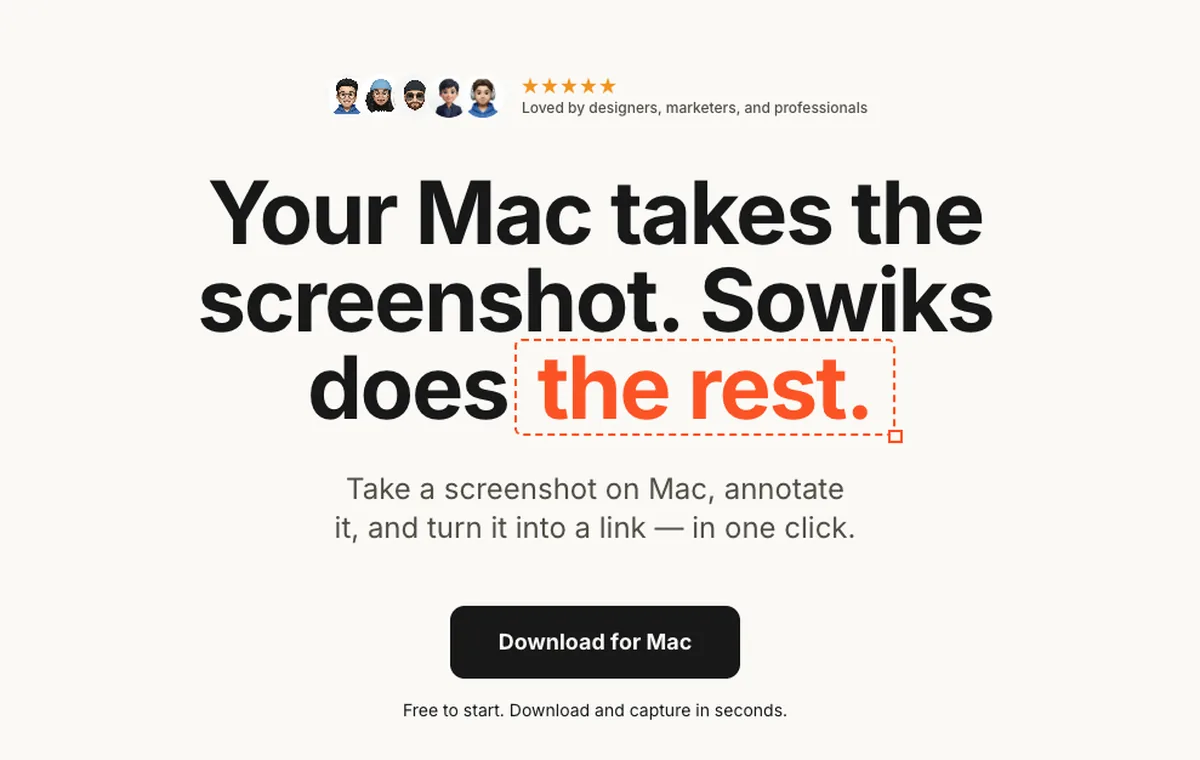 The Sowiks homepage, headline "Your Mac takes the screenshot. Sowiks does the rest" with a Download for Mac button